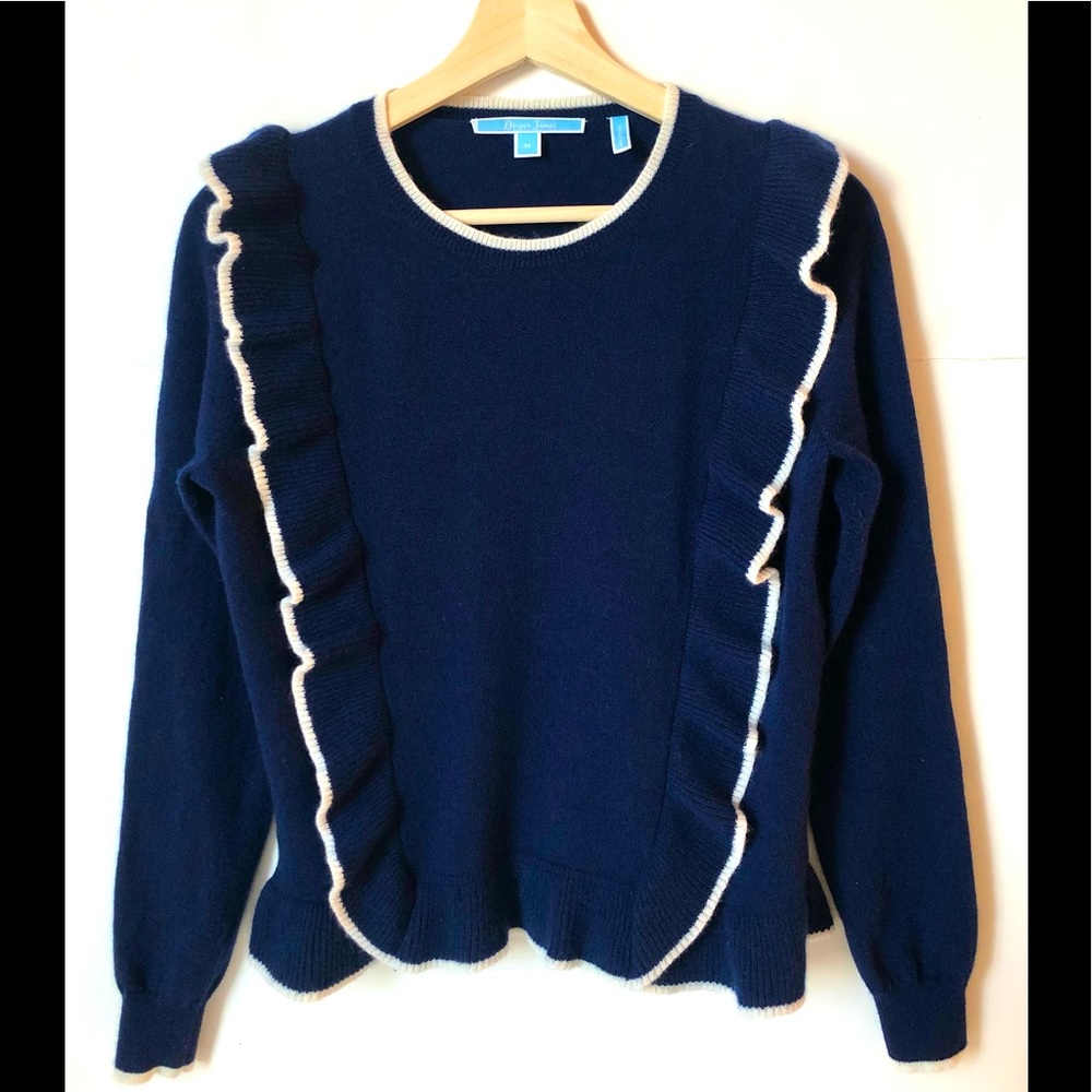 Draper James Women's Nora Wool Cashmere Blue Ruffle Sweater White Trim